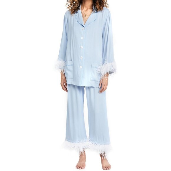 NWT $320 SLEEPER CORNFLOWER BLUE OSTRICH TRIM PARTY PAJAMA SET SIZE XS SOLD OUT! - Picture 1 of 14